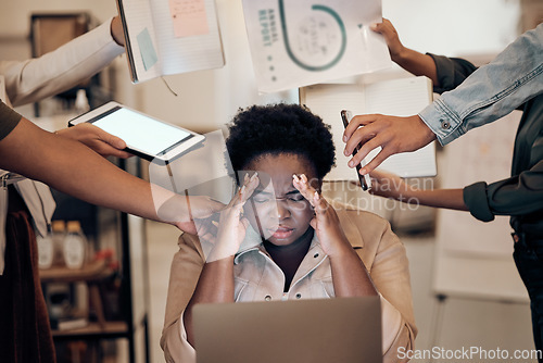 Image of Stress, headache and multitask woman manager with anxiety, burnout and focus problem working in office. Laptop, phone call and documents chaos of corporate secretary, administration and people hands