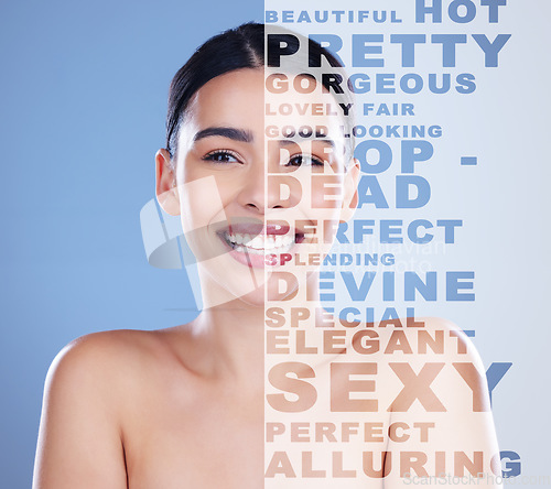 Image of Woman, words and portrait smile for skincare beauty, collage or text overlay against a blue studio background. Happy female face with letters for empowerment, message or beautiful skin and self worth