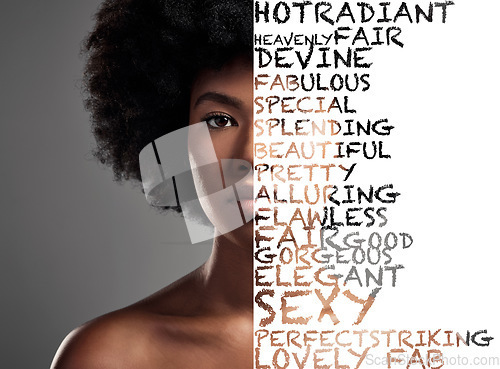 Image of Black woman, afro and portrait with words, text or collage for empowerment or message isolated on background. African American female with letters overlay on face in reminder for beauty or self worth