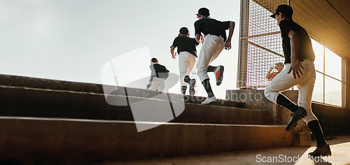 Image of Baseball team, exercise and sport stadium training of professional athlete group doing a workout. Running, softball and cardio of sports game people doing a action run to pitch on field with mockup