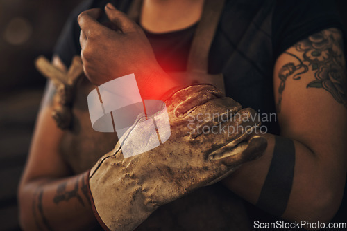 Image of Inflammation, holding and woman with wrist pain at work, medical accident and healthcare emergency. Risk, injured and person with an arm injury, wound and trauma from a fracture or broken bone