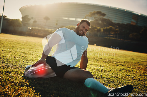 Image of Fitness, leg injury and pain with a sports man stretching outdoor before a workout for health. Exercise, stretching and highlight with a male athlete suffering from inflammation or injured muscle