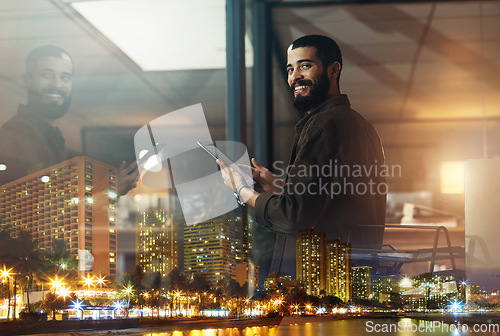 Image of Night, city and portrait of man with tablet for global networking, stock market research and data analytics. Happy, window and lights of person smile for vision in trading, management or software app