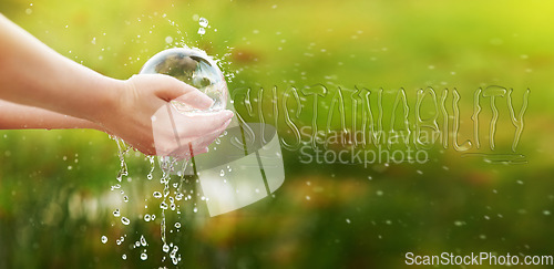 Image of Water, sustainability words and hands of child in field for eco friendly, natural resources and environment care. Earth day, nature and kid with liquid for mineral crisis, climate change and farming