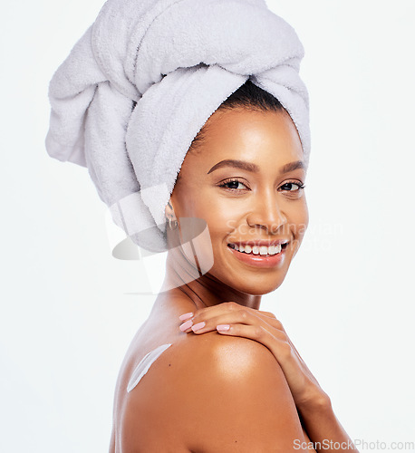 Image of Body cream, beauty and skincare woman portrait in studio for dermatology, cosmetics and natural skin. Aesthetic model person with spa product for a healthy glow on back isolated on a white background