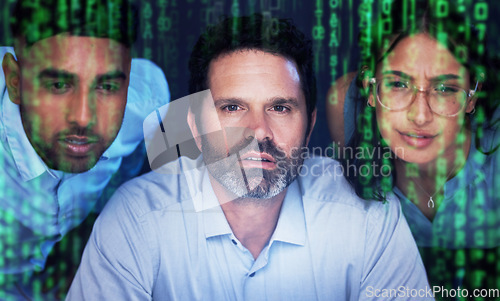 Image of Face, cyber security or programmer team thinking at night on UX SEO software, web design or database coding. Collaboration, diversity or developer for programming, data analysis or digital code