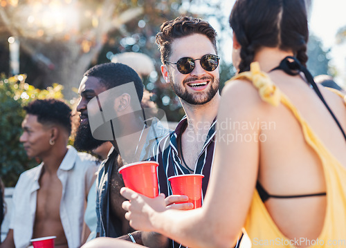 Image of Party, drinks and friends speaking while on a summer vacation, adventure or weekend trip. Happy, smile and people in conversation, bonding or drinking at event or celebration on holiday in Australia.