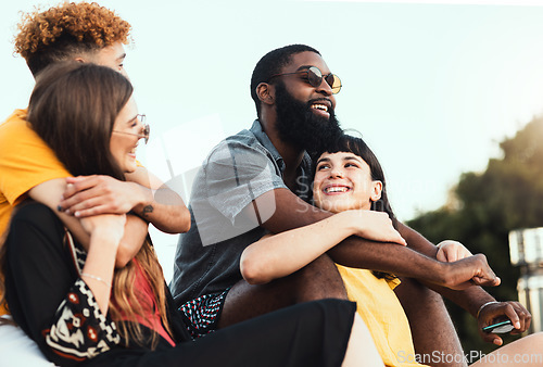 Image of Couple, friends and hug with smile for summer vacation, travel or holiday break together in the outdoors. Diverse group of happy people relaxing, chilling or enjoying weekend getaway in nature