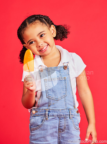 Image of Child, happy and ice cream on isolated red background with fashion, cool and trendy clothes for summer holiday, break or vacation. Smile, kid and girl with lolly, cold sweet and food for heat relief