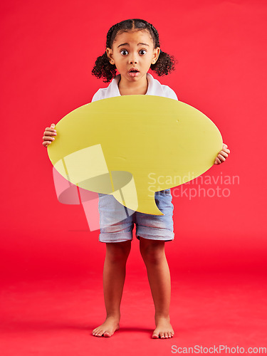 Image of Shocked, child or portrait of speech bubble ideas, opinion or vote on isolated red background in social media news or wow face. Surprised, girl or kid on banner paper, mockup poster or omg review