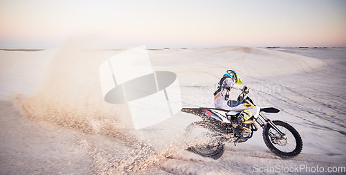 Image of Bike, sand landscape or man speed on motor cross for sport workout, sunset ride or exercise on hill. Nature, sky or man riding for speed adventure in Dubai desert for training, fitness or race energy