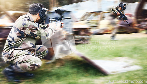 Image of Paintball, army target and sport speed of a man doing workout and fitness for soldier training. Cardio, shooting and camouflage games of a young athlete with energy and cardio for outdoor sports game