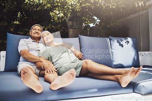 Image of Senior, couple and old people relax on retirement with love, care and support on vacation or holiday. Lovers, pensioner and elderly man and woman enjoying sitting together with happiness in marriage