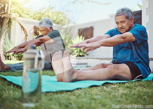 Image of Fitness, yoga and senior couple stretching for exercise, zen and relax in a garden, peace and calm. Stretch, workout and elderly man with woman in a yard for training, pilates and cardio in Mexico