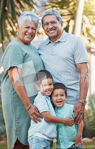 Image of Grandparents, family children and garden portrait in outdoor wellness, love and hug for summer, holiday and retirement. Senior, old people with excited kids in Mexico smile on face in nature or park