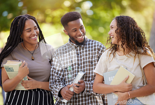 Image of University students, friends and group laughing at park outdoors after learning business management. Scholarship books, education and happy people, man and woman laugh at funny joke or comic comedy.