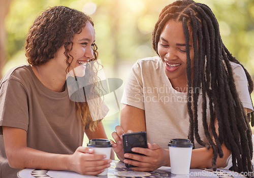 Image of Phone, university and couple of friends on social media, chat notification or funny meme at campus cafe. Coffee shop, students or happy black people on smartphone, conversation and online networking