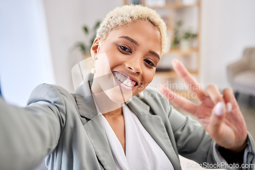 Image of Selfie, portrait and businesswoman with peace hands, smile and emoji for social media profile picture. Happy worker, v sign and taking photo on video call for corporate connection, happiness and face