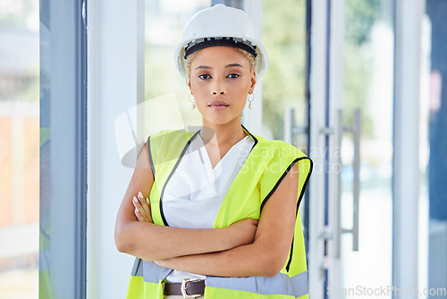 Image of Portrait, engineering contractor or black woman in architecture career vision, leadership and goals. Proud, values and safety of construction worker, person or manager with building or design mission