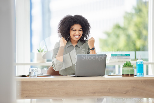 Image of Success, winning and black woman with laptop in office reading email with news of bonus, promotion or deal announcement. Happy, sales target prize and winner employee celebrating on office with smile