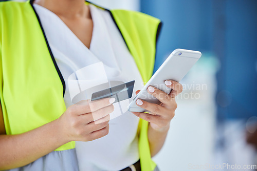 Image of Phone in hands, ecommerce and credit card with woman in construction with online shopping, payment zoom and bank app. Internet, banking and finance with service and contractor with stock purchase