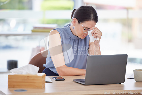 Image of Stress, burnout and sick woman with headache in office frustrated, upset and tired from working on laptop. Corporate workplace, migraine and female worker with fatigue from covid, flu or cold at desk