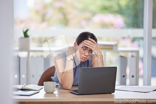 Image of Migraine, stress and business woman in the office with a laptop working on a project with a deadline. Headache, burnout and tired professional female employee on computer with neck pain in workplace.