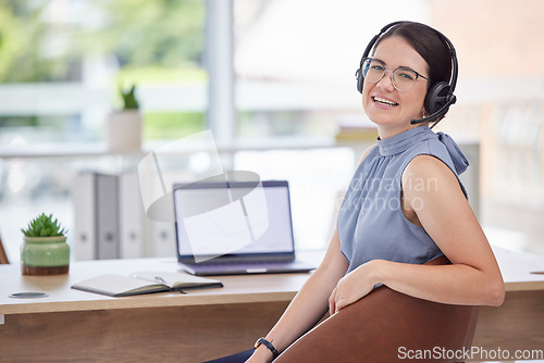 Image of Call center, customer support and portrait of woman with laptop for networking, communication and crm. Contact us, receptionist and female worker with headset for client help, service and consulting