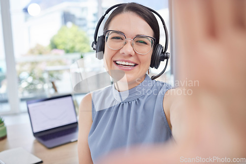 Image of Selfie portrait, call center and woman with smile in customer support for networking, communication and crm. Contact us, telemarketing and face of female worker with vision, friendly service and help