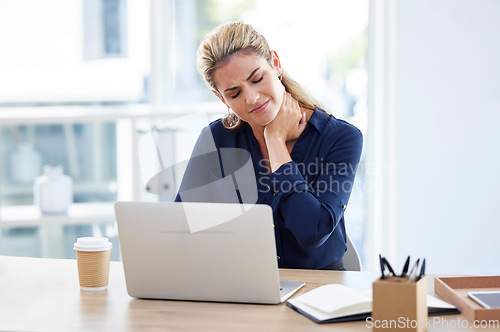 Image of Workplace stress, business woman with neck pain at desk and reading email on laptop in London office. Receptionist working, young person with burnout or frustrated secretary with crisis at company