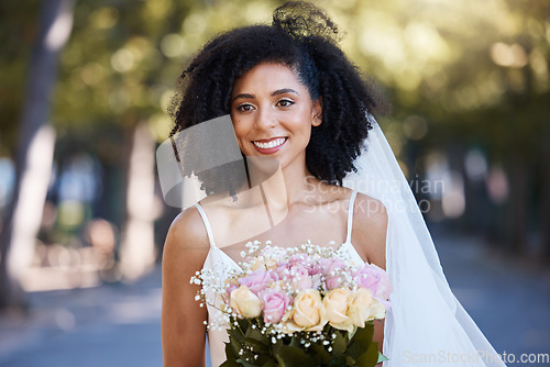 Image of Happy, wedding and smile with bride and flowers for beauty, celebration and spring event. Happiness, makeup and fashion with black woman and rose bouquet for marriage, party and outdoor ceremony