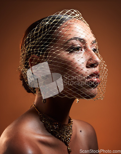 Image of Net veil, retro and face of a fashionable woman of fashion isolated on a brown studio background. Elegance, makeup and stylish vintage model with a fancy, classic and glamour accessory on a backdrop