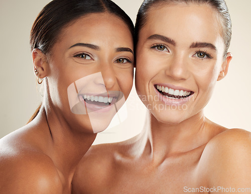 Image of Beauty, smile and portrait of diversity women with natural cosmetics, healthy skincare glow or luxury self care. Dermatology, spa salon or aesthetic friends with facial makeup, wellness or health