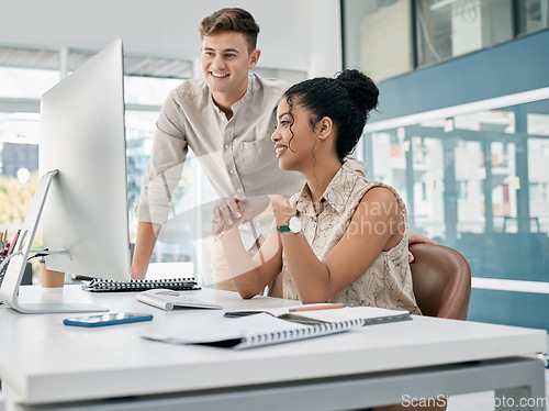 Image of Computer, discussion and team working on a project together for collaboration in the office. Technology, mentor and professional manager training an employee with corporate report in the workplace.