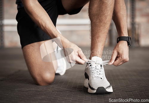 Image of Fitness, man and shoe lace tie getting ready for running exercise, workout or training at gym. Sporty male, person or guy shoes in preparation for sport run, cardio or warm up on floor at gymnasium