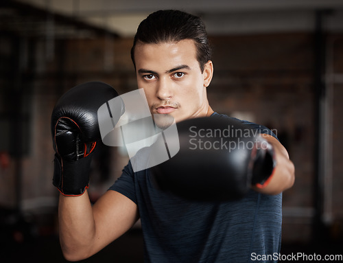 Image of Portrait, fitness and workout with a boxer man training for a fight or competition in a gym for sports. Health, exercise and power with a young male athlete boxing in an mma or self defense club