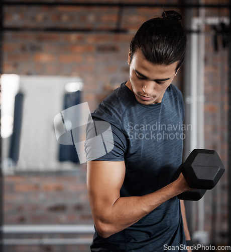 Image of Fitness, arm and dumbbell with a sports man training in a gym for strong or healthy muscles. Bicep, exercise and weightlifting with a male athlete or bodybuilder in a health club for a workout