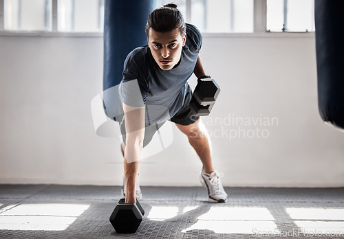 Image of Exercise, fitness and man with dumbbells for push up in gym for workout, training or exercising. Sports, portrait or male bodybuilder or athlete with dumbbell to pushup for health, muscle or strength