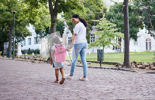 Image of Kindergarten, student and mother with daughter walking to school, relax and bonding while holding hands. First day, elementary and girl with mama on commute, morning travel, talking and sweet