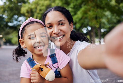 Image of Girl, mom and selfie of a mother and kids portrait in a park with a happy smile outdoor. Happiness, family and mama love with parent care for child on vacation together of a woman and young person