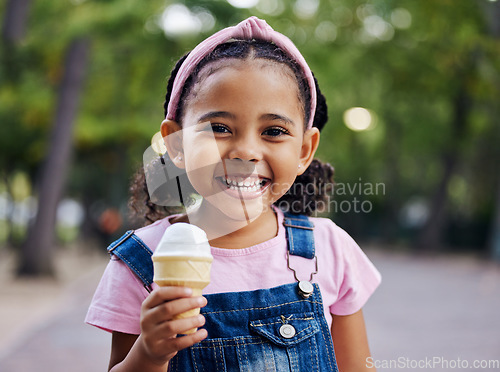 Image of Portrait, young girl with ice cream in park, happy child outdoor with nature and freedom, dessert and smile. Travel, happiness and adventure, growth and childhood with family day out and youth mockup