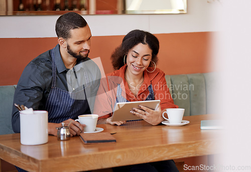 Image of Tablet, cafe manager team and social media marketing planning strategy of coffee shop staff. Digital, online and seo retail report work on technology of a restaurant management group working on data