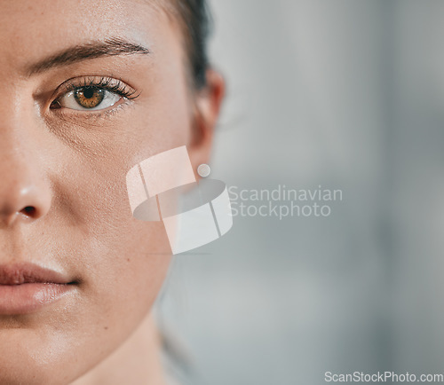 Image of Fitness, face portrait and woman focus on exercise workout, wellness lifestyle motivation and health commitment. Half, closeup and serious girl with marketing mockup, advertising space or gym mock up