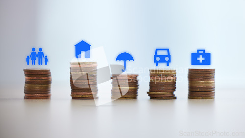 Image of Coin stack, saving and 3d sign for insurance, financial security and planning for future in home. Investment, money and cash with family, house and car illustration for safety, finance plan and goals