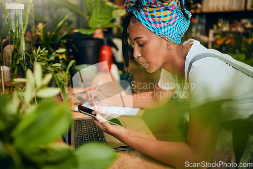 Image of Green business, woman and phone with writing for stock, inventory and plant, shop and orders. Owner, sustainable and management, internet and search for creative idea for female research advertising