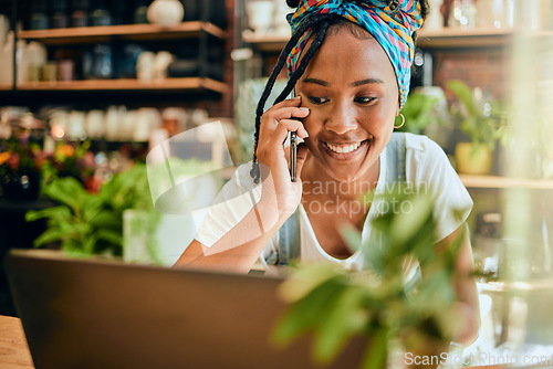 Image of Phone call, small business or happy black woman talking or networking with startup agro retail supplier. Laptop, 5g mobile or female entrepreneur planning or speaking of floral development job vision