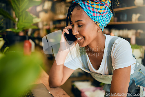 Image of Phone call, small business or black woman talking or networking with startup agro retail supplier. Management, store manager or happy young entrepreneur planning or speaking of floral development job