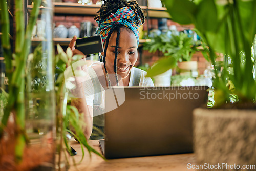 Image of Credit card, laptop or black woman on online shopping for flowers or plants with digital money. Payment, girl or happy entrepreneur buying floral products for agro small business on ecommerce website