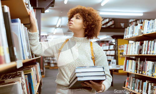 Image of Woman, book search and library shelf for study, project or learning with education development for study goal. University student, research or books for idea, college test success or vision at campus