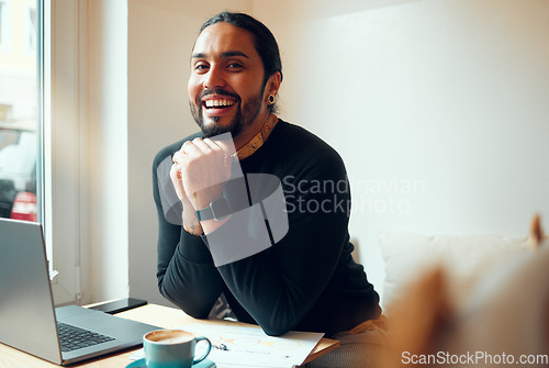 Image of Happy, paperwork and portrait of man with a laptop for entrepreneurship, small business and budget planning. Smile, creative and employee with computer and paper for insurance and investment
